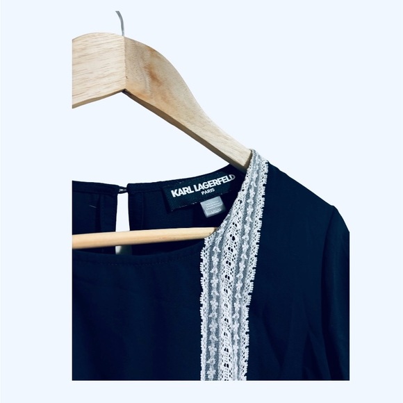 NWOT Karl Lagerfeld Navy Blue Crepe Fabric Short Sleeved Blouse w/ Lace (Sz. L) - Picture 2 of 3